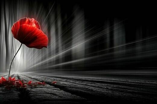 Coquelicot rouge isolé dans un paysage sombre évoquant les traces laissées par une expérience traumatique.