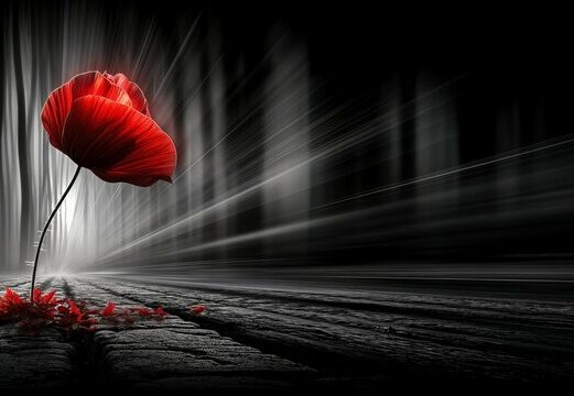 Coquelicot rouge isolé dans un paysage sombre évoquant les traces laissées par une expérience traumatique.
