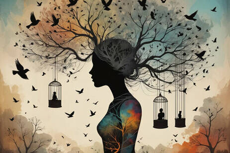 Silhouette entourée de cages suspendues et d’oiseaux qui s’envolent, évoquant l’emprise et la liberté retrouvée.