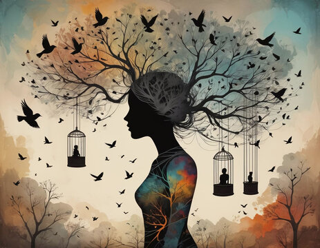 Silhouette entourée de cages suspendues et d’oiseaux qui s’envolent, évoquant l’emprise et la liberté retrouvée.