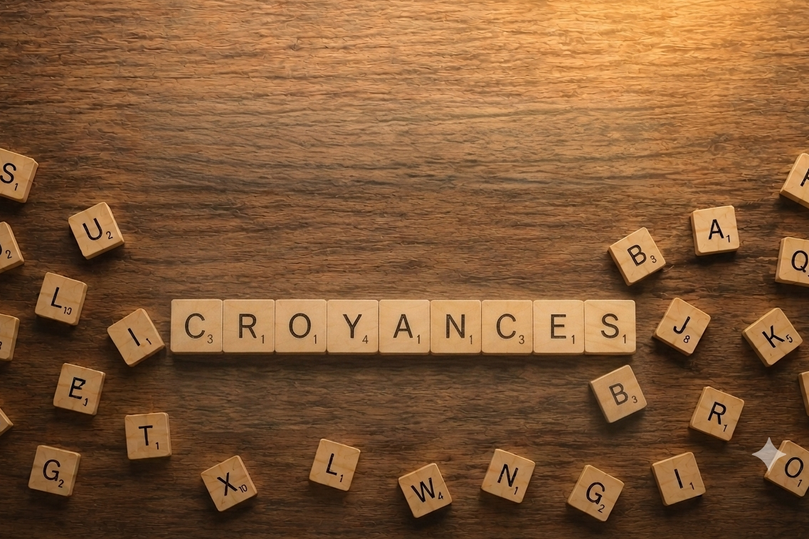 Le mot « CROYANCE » composé avec des lettres de Scrabble, entouré de lettres éparpillées sur une table en bois.