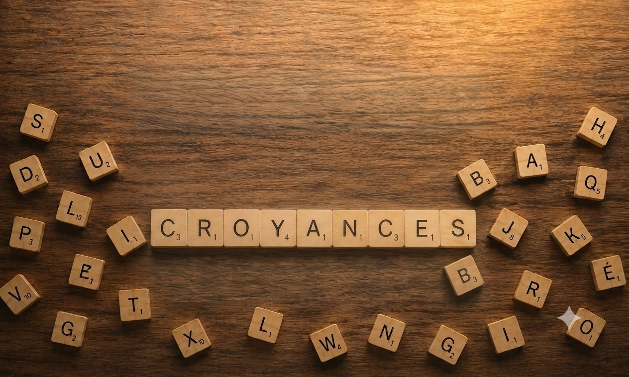 Le mot « CROYANCE » composé avec des lettres de Scrabble, entouré de lettres éparpillées sur une table en bois.