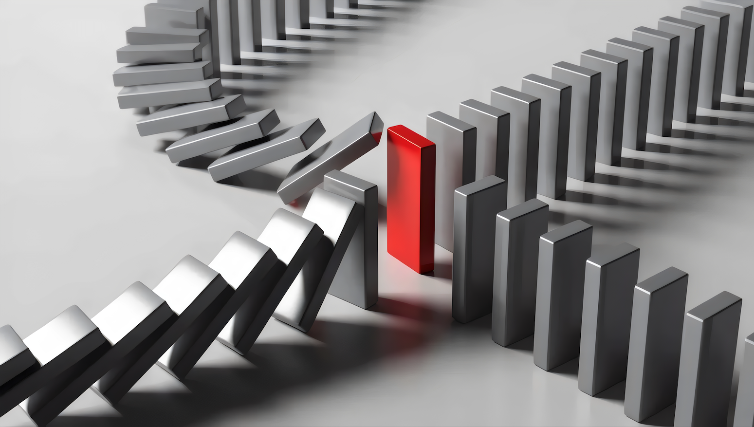 Illustration représentant un domino rouge interrompant une réaction en chaîne de dominos gris, symbole d'un déclencheur pouvant réactiver le système nerveux.