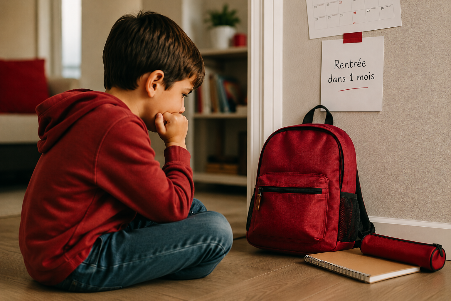 Enfant regardant son cartable quelques semaines avant la rentrée scolaire.