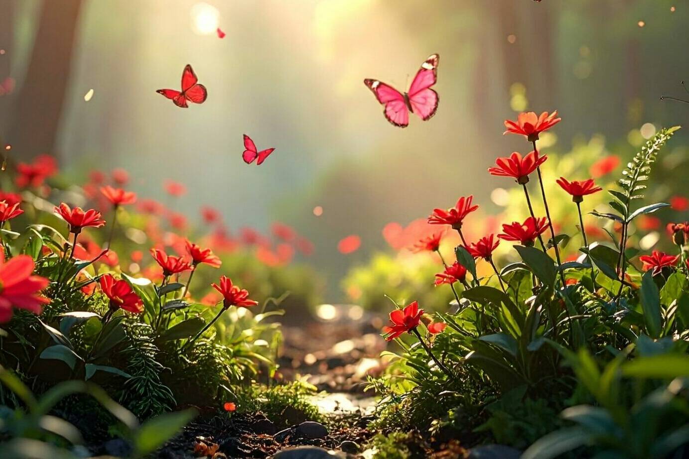 Chemin fleuri baigné de lumière avec des papillons en vol, symbole de la liberté retrouvée lorsque le cerveau n'a plus besoin de rester en état d'alerte permanent.