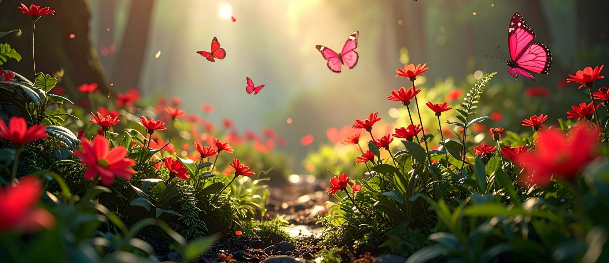 Chemin fleuri baigné de lumière avec des papillons en vol, symbole de la liberté retrouvée lorsque le cerveau n'a plus besoin de rester en état d'alerte permanent.