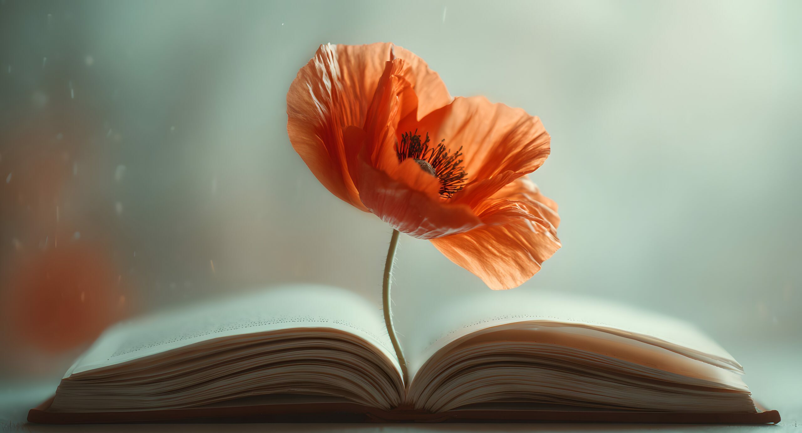 Livre ouvert d'où s'épanouit un coquelicot, illustrant les sources et références qui nourrissent les articles et la pratique en hypnose et EMDR de Féliz'Hypnose.