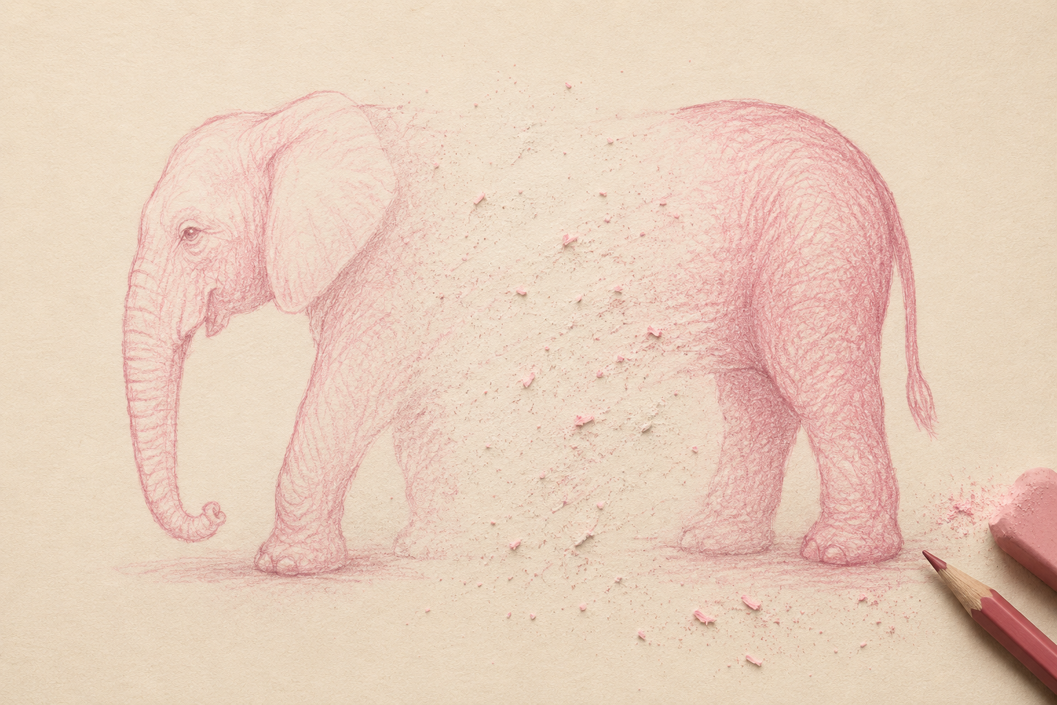 Dessin d’un éléphant rose partiellement effacé au crayon et à la gomme