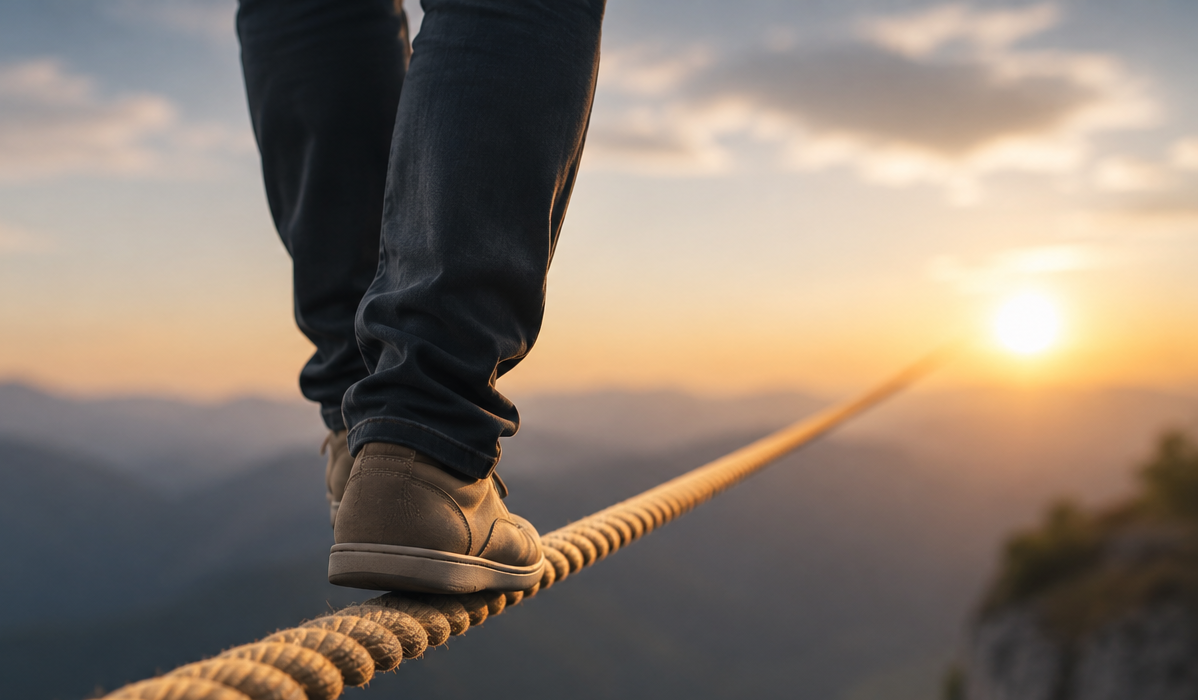 Personne avançant en équilibre sur une corde, symbole de confiance en soi et de progression malgré le doute.
