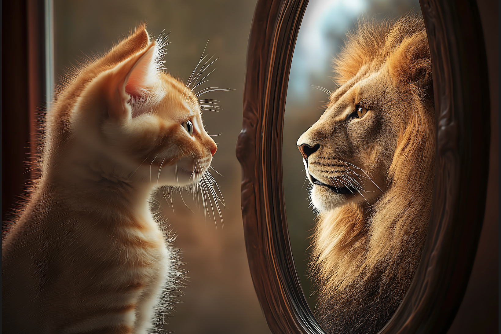 Chat regardant son reflet sous la forme d’un lion, métaphore de la perception et de l’image de soi.