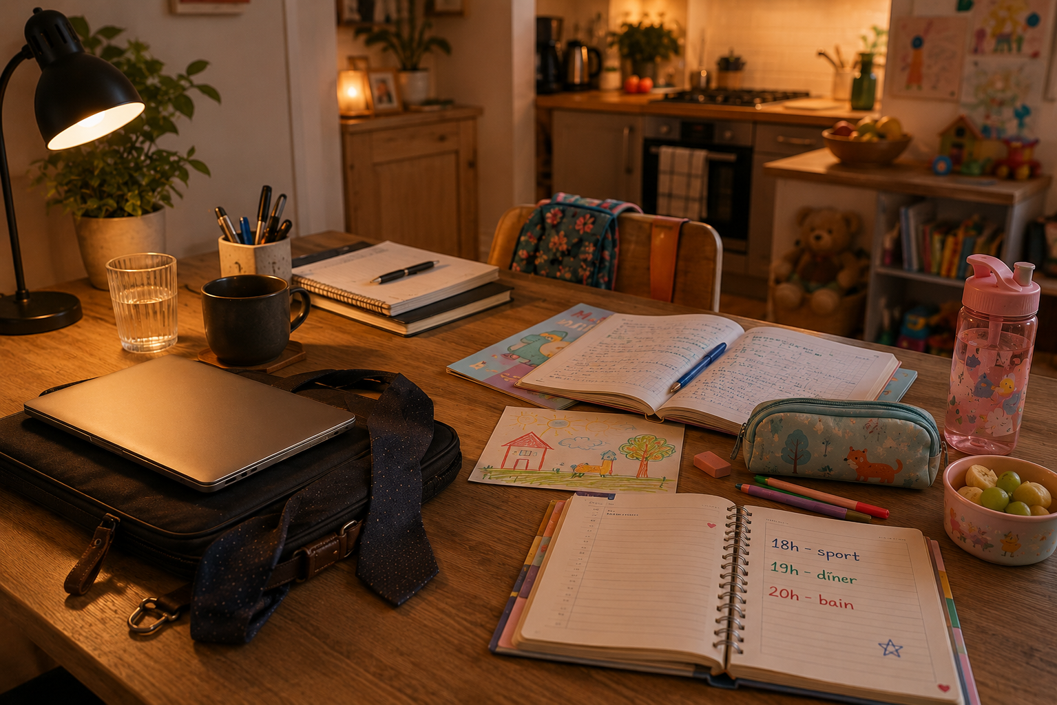 Ordinateur professionnel fermé à côté des devoirs et affaires des enfants sur une table familiale