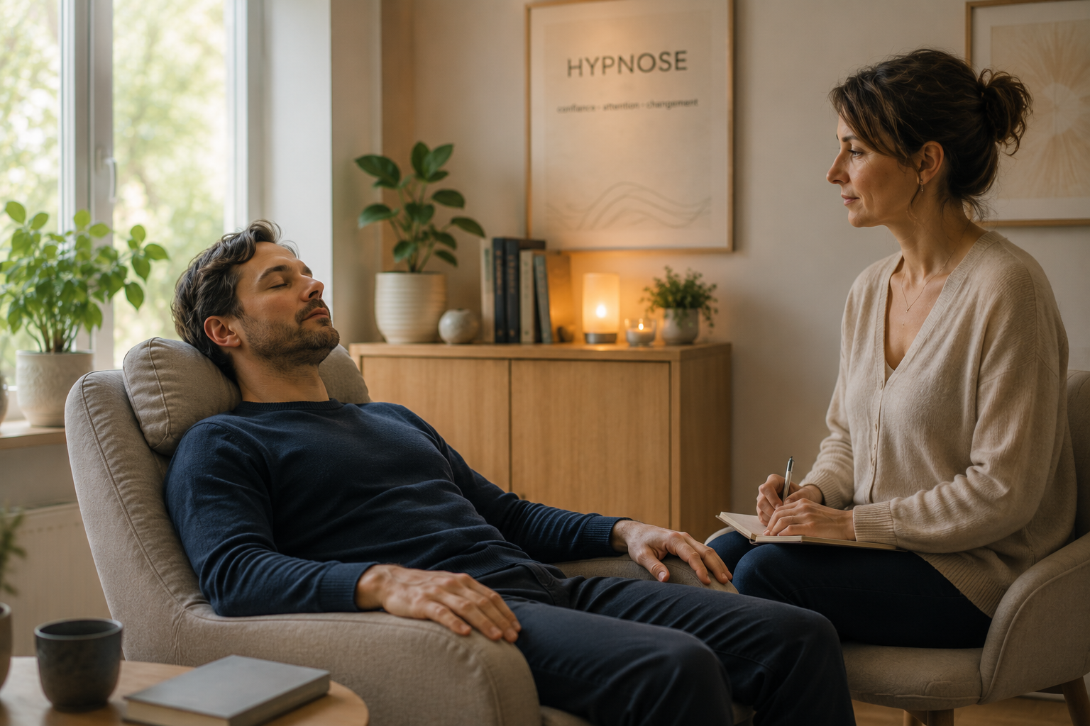 Personne dans un état d'attention intérieure illustrant l'état hypnotique Nom du fichier : seance-hypnose-therapeutique-feliz-hypnose.webp