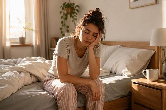 Personne assise au bord de son lit au réveil dans une chambre éclairée par la lumière du matin