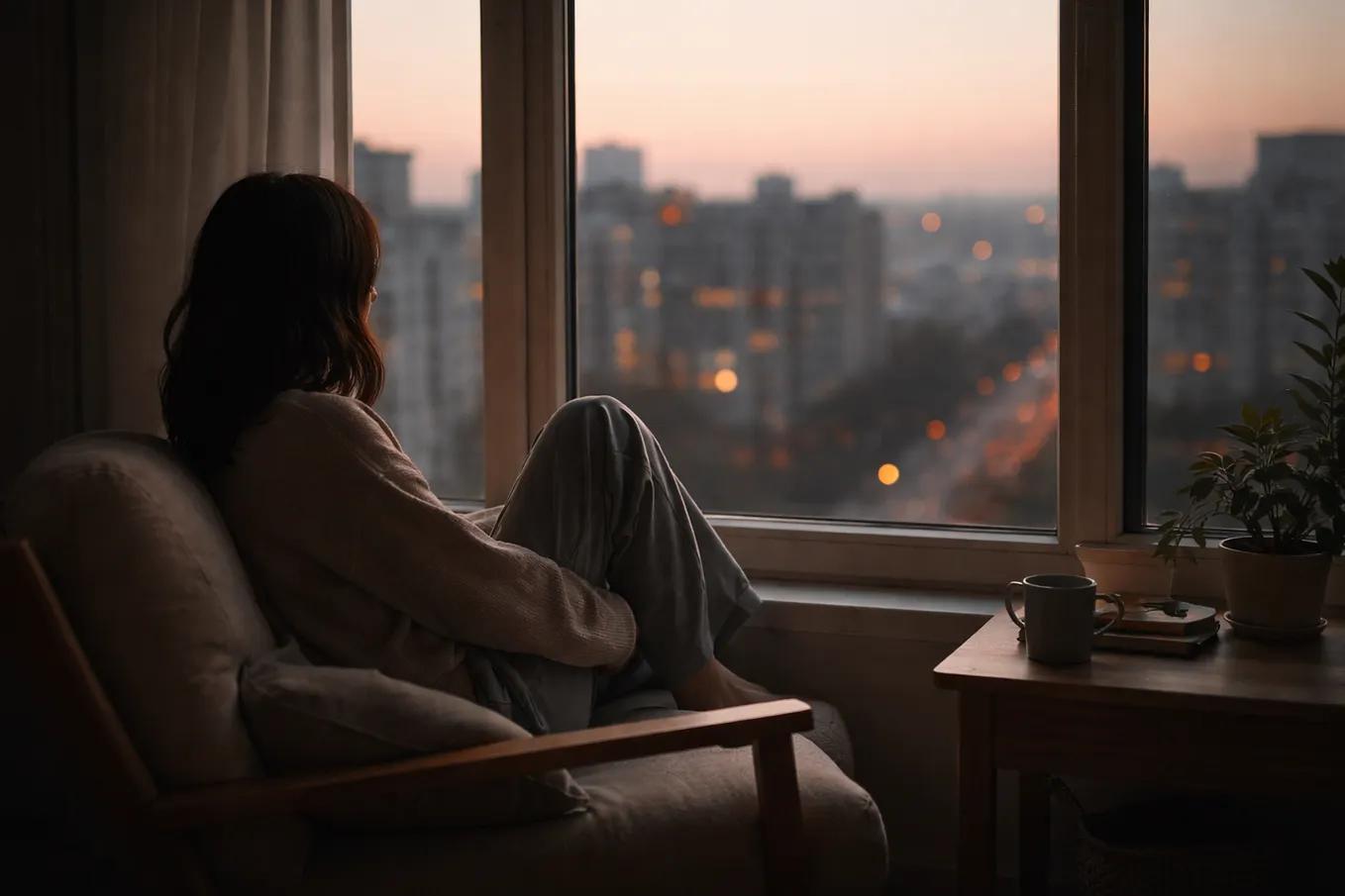 Femme assise dans un fauteuil regardant par la fenêtre