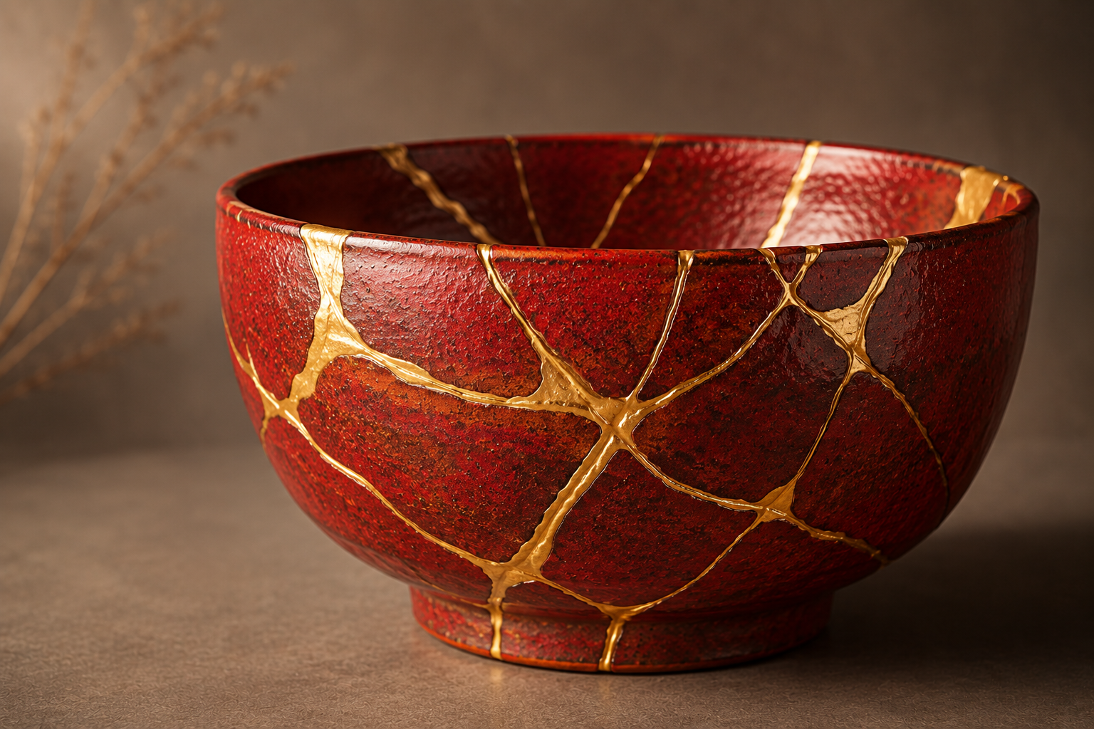Bol rouge r&eacute;par&eacute; selon la technique japonaise du kintsugi, dont les lignes dor&eacute;es soulignent les traces de la r&eacute;paration.