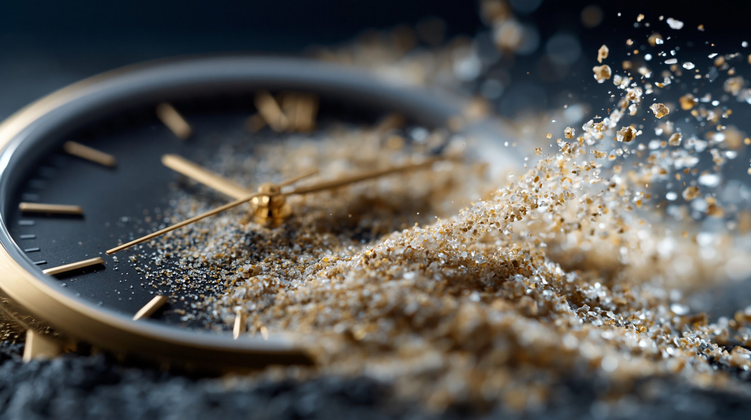 Montre partiellement recouverte de sable, &eacute;voquant le passage du temps et les traces laiss&eacute;es par le pass&eacute;.