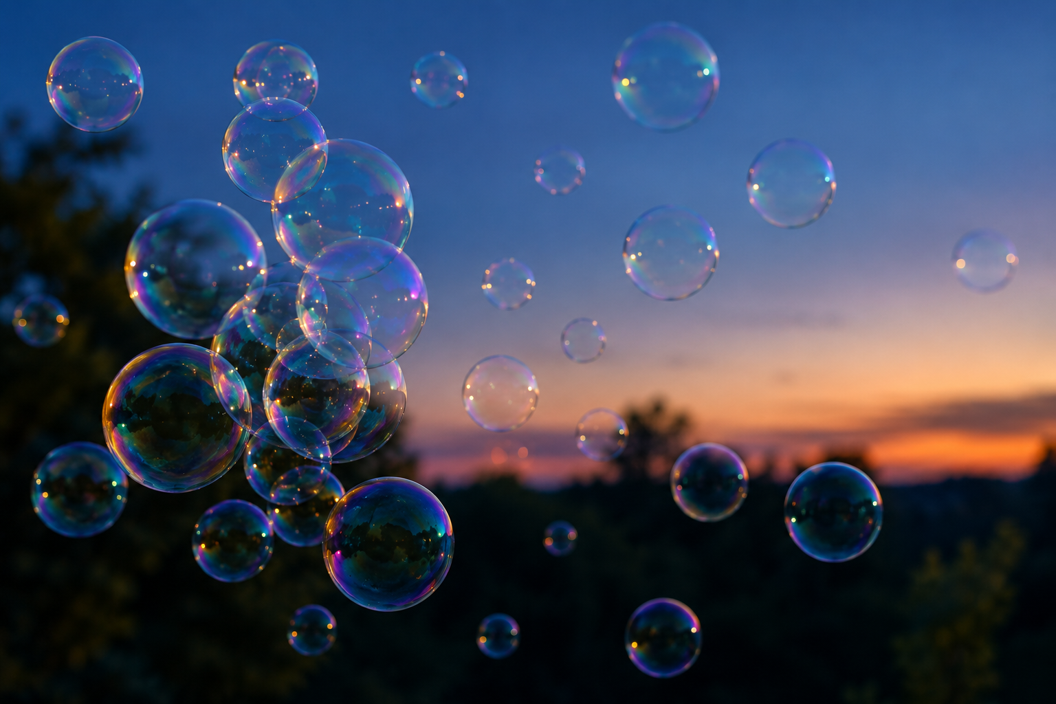 Bulles de savon flottant dans une lumière douce de fin de journée