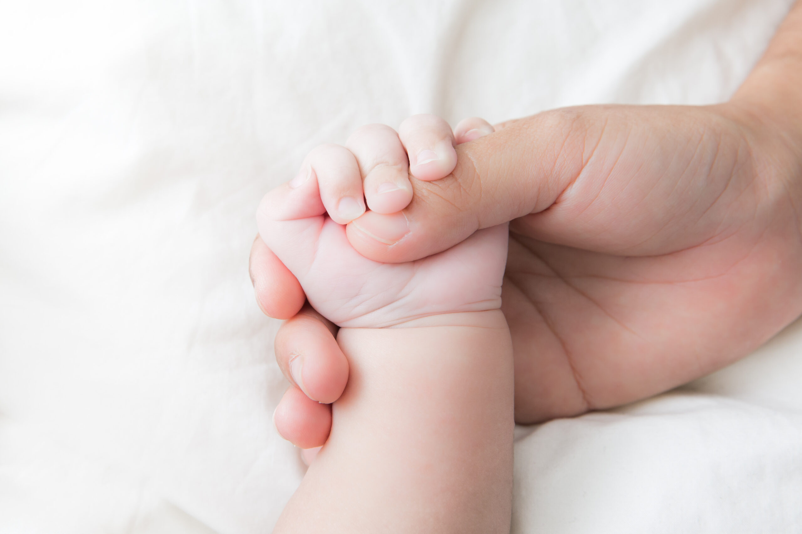 Main d’un bébé agrippant le doigt d’un adulte, illustrant le lien et la sécurité relationnelle.