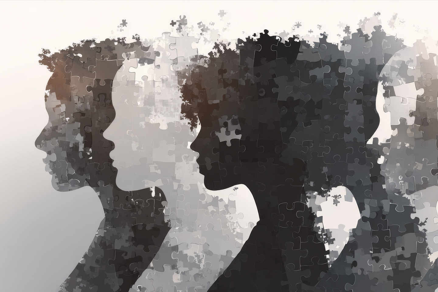 Plusieurs silhouettes confrontées à un même événement, représentées avec des empreintes et des pièces de puzzle différentes.