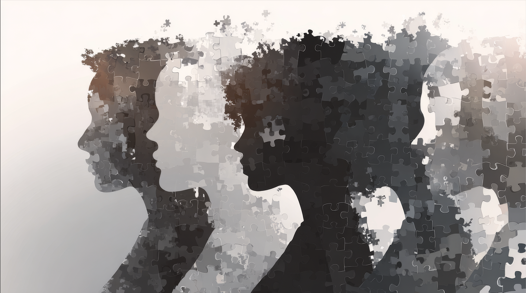 Plusieurs silhouettes confrontées à un même événement, représentées avec des empreintes et des pièces de puzzle différentes.