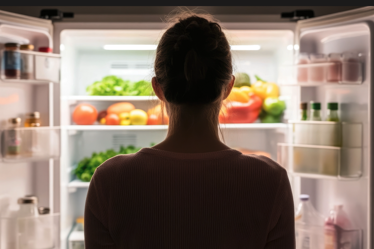 Personne debout devant un réfrigérateur ouvert rempli d’aliments