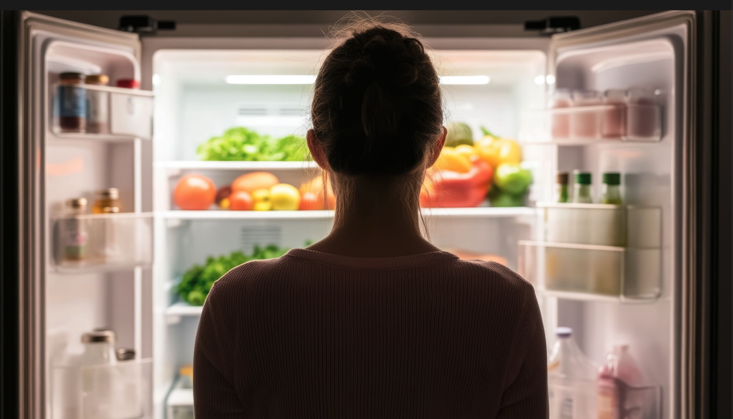 Personne debout devant un réfrigérateur ouvert rempli d’aliments