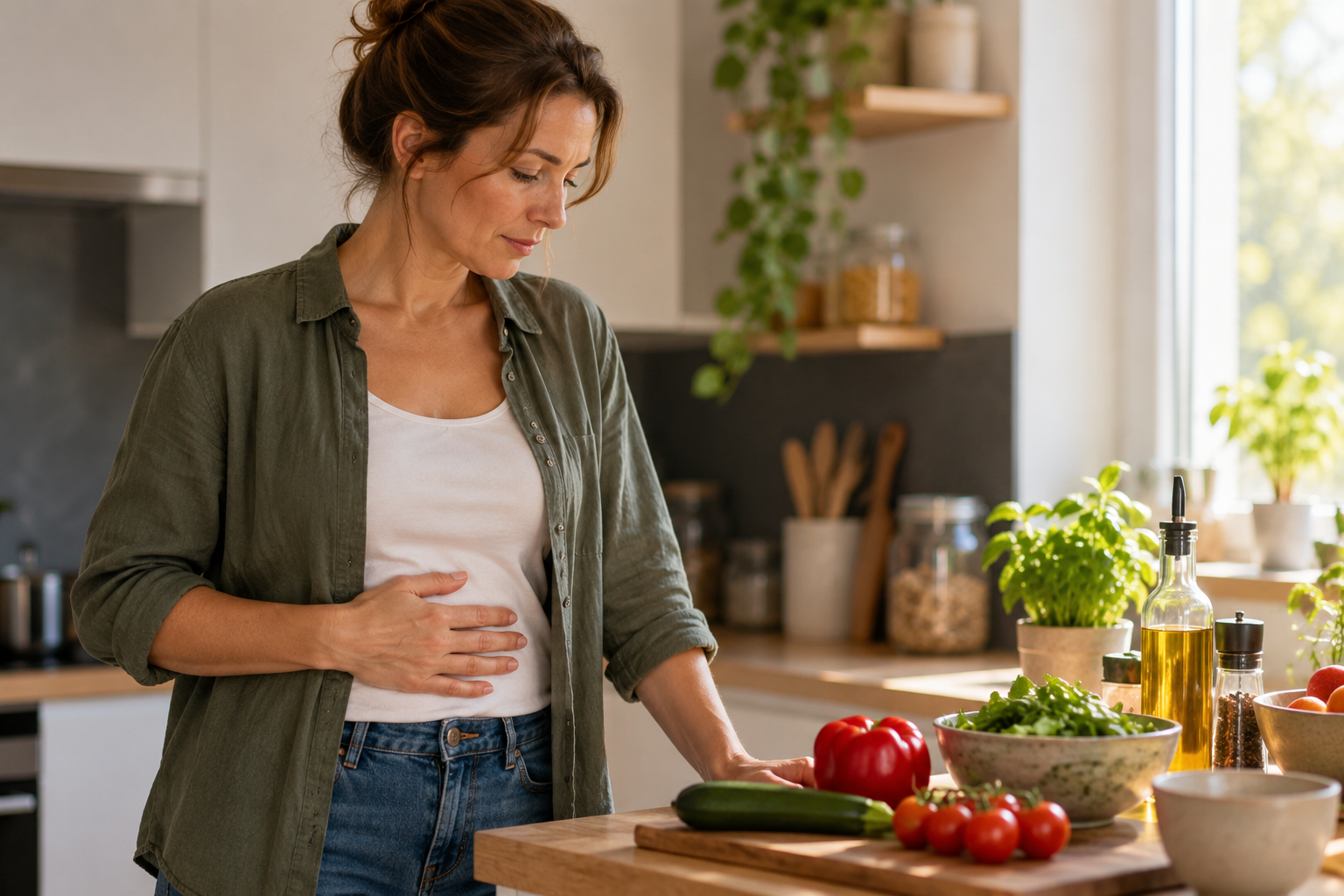 Femme dans une cuisine, une main posée sur le ventre, devant des aliments prêts à être cuisinés