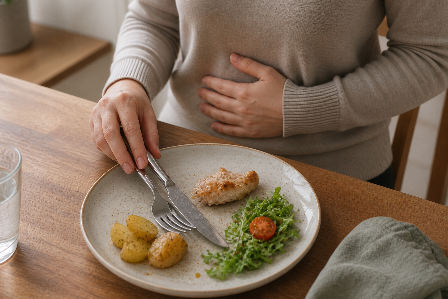 Personne attablée pendant un repas, une main posée sur le ventre