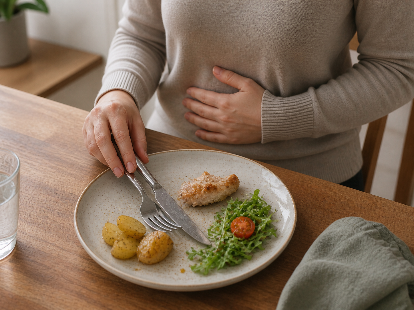 Personne attablée pendant un repas, une main posée sur le ventre
