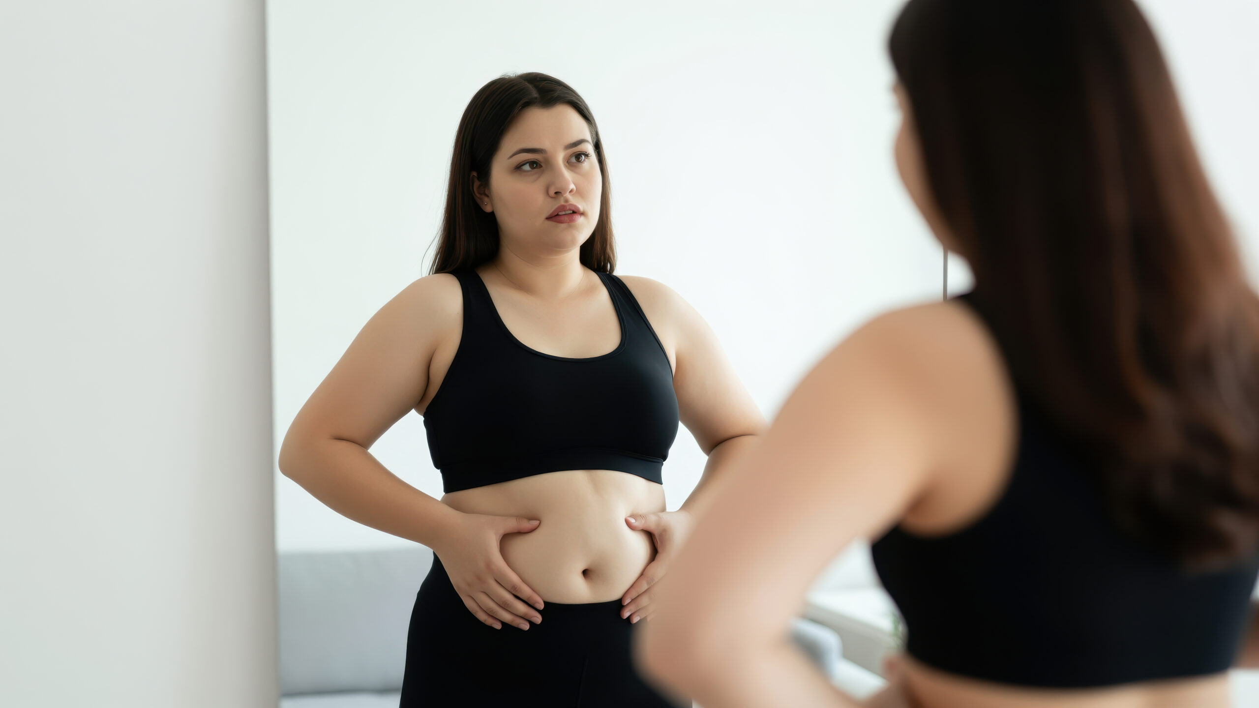 Femme observant son ventre dans un miroir, les mains posées sur l’abdomen