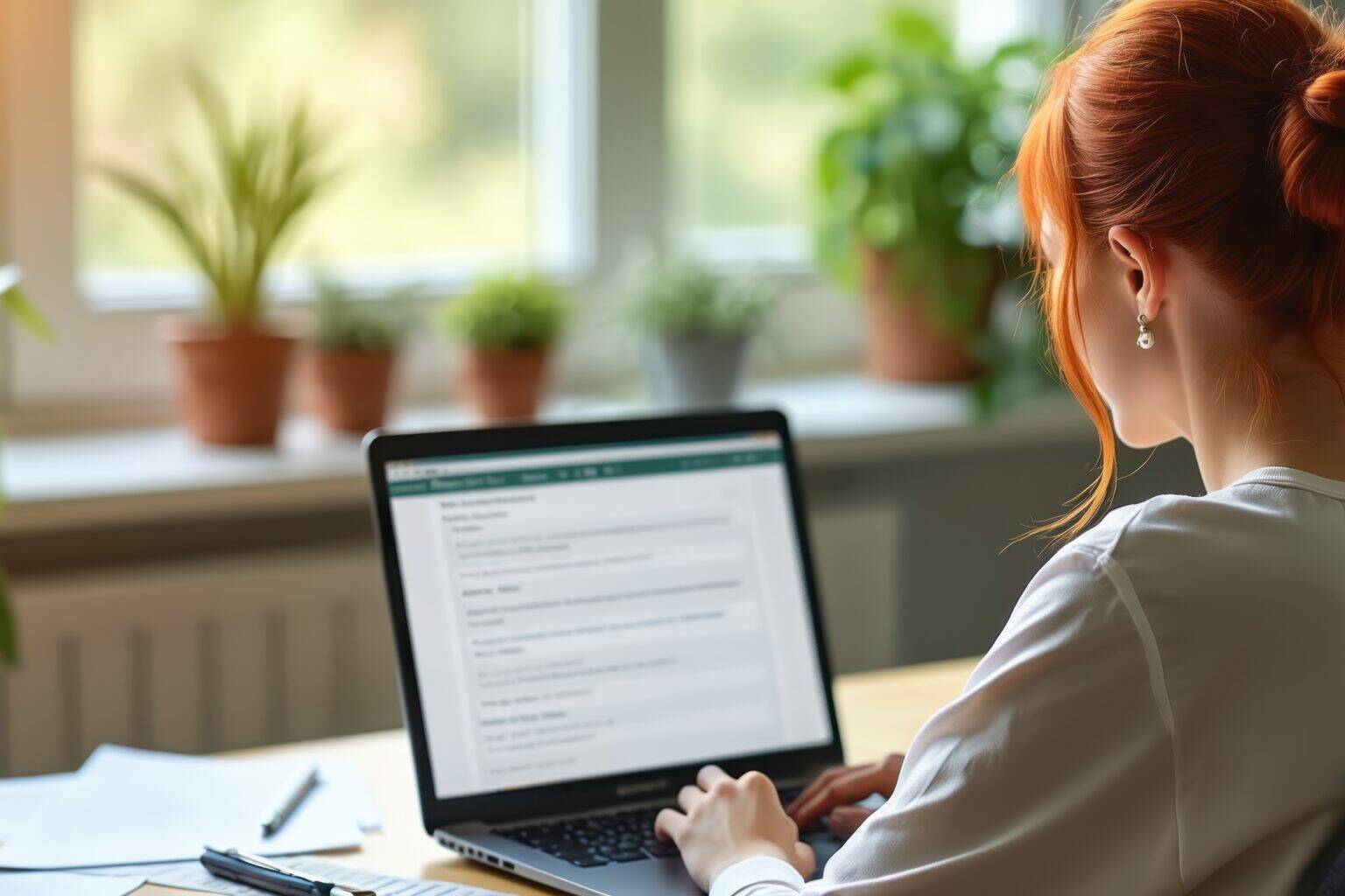 Femme assise chez elle devant un questionnaire affiché sur son ordinateur