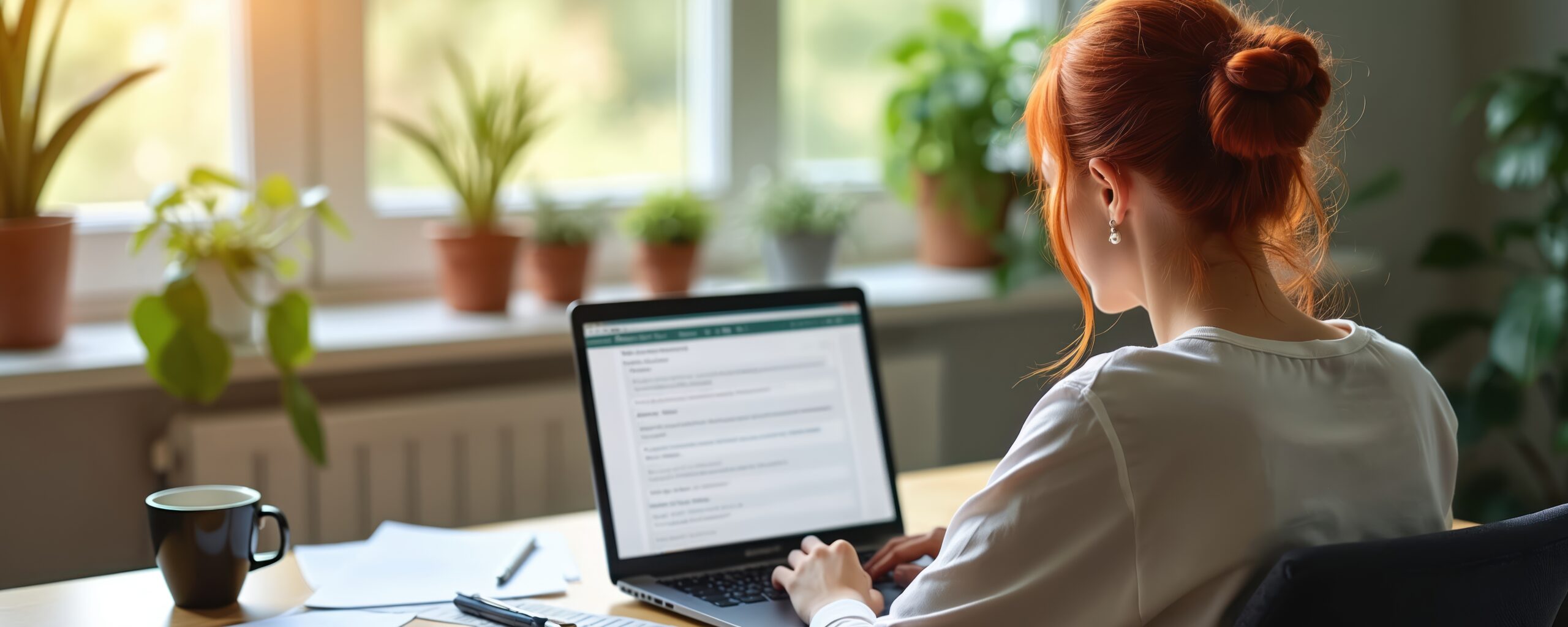 Femme assise chez elle devant un questionnaire affiché sur son ordinateur