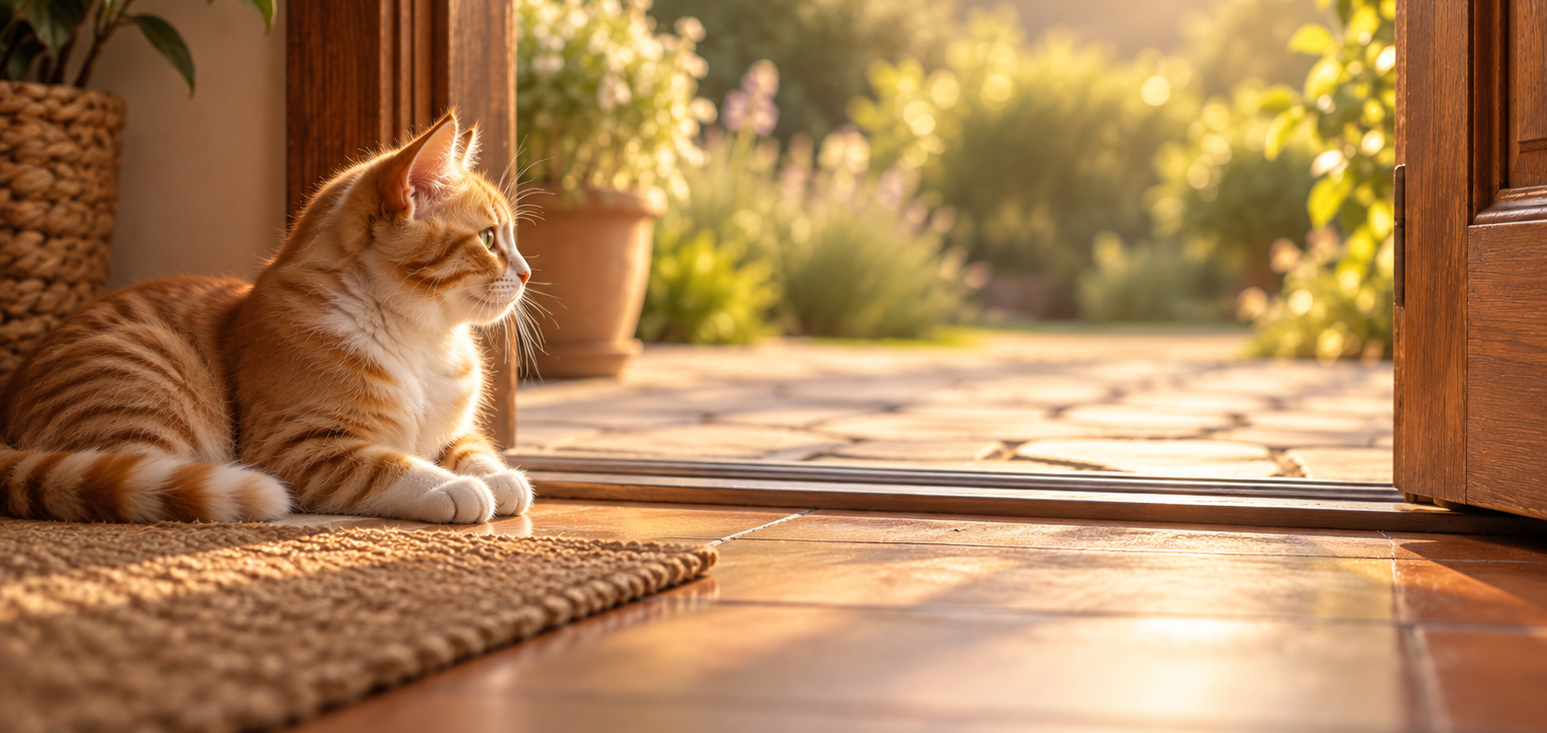 Illustration d’un chat placé devant un seuil, évoquant la possibilité d’exprimer ses limites et de choisir sa place dans une relation.