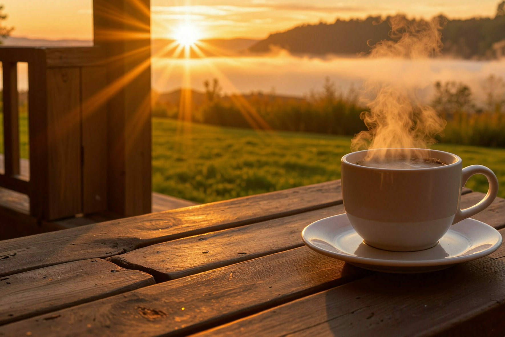 Tasse de café fumante sur une table en bois au lever du soleil