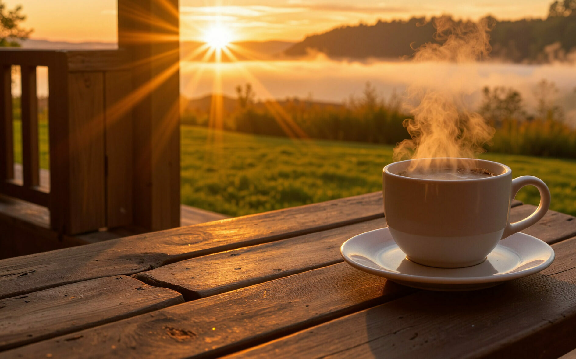 Tasse de café fumante sur une table en bois au lever du soleil
